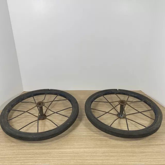 Vintage Rustic Buggy Carriage Wheels Bike 12-Spoked Solid Rubber 12” Set (2)