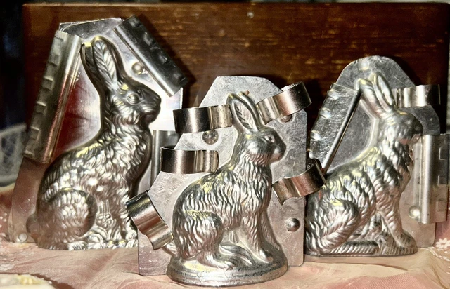 3 Antique German Chocolate Rabbit Molds graduating sizes
