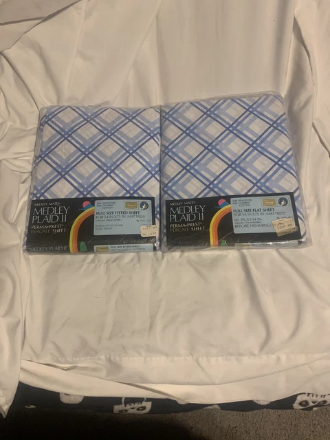 Vintage Sears Full Flat Sheet Medley Plaid 2 Blue White Perma Prest 54in X 75in