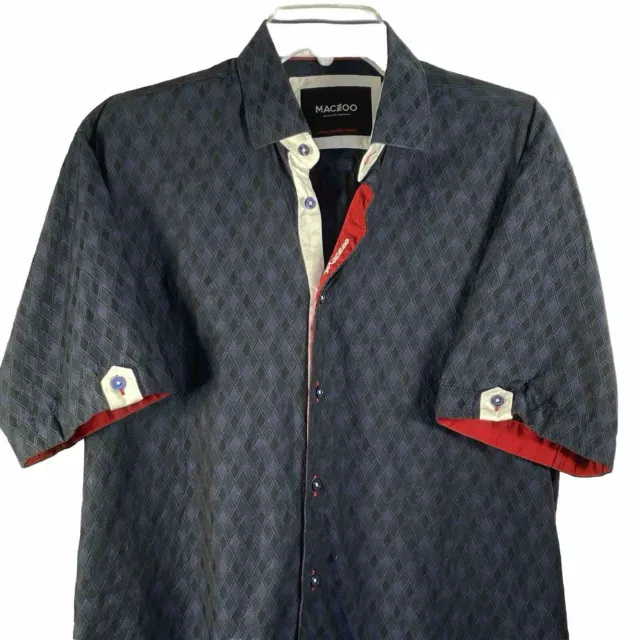 Maceoo Men’s Large Fresh Navy Losange Jaquard Short Sleeve Button Up Shirt