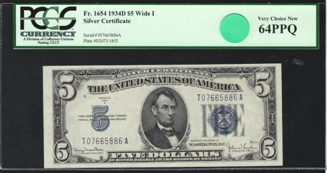 1934-D $5 Silver Certificate = Wide I = Fr-1654 = Pcgs Very Choice New 64 Ppq 4