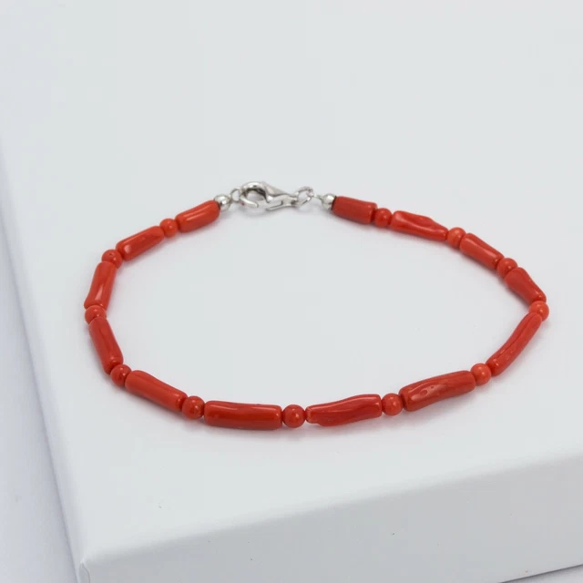 Bracelet En Argent 925 Avec Corail Rouge Naturel - Longueur 20 Cm, Neuf Avec étiquettes
