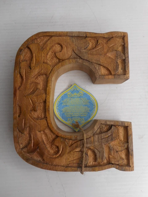 Hand Carved Wooden Letter "C" Leaf Scroll Design Made in India 7" H x 5-13/16" W