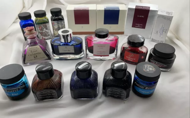 Mixed Lot of 17 Fountain Pen Ink Bottles Noodlers Ink Diamine Private Reserve