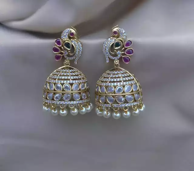 AD Jhumka Indian Gold Plated Hoop Chandelier Jhumki Kundan Pearl Earring Women