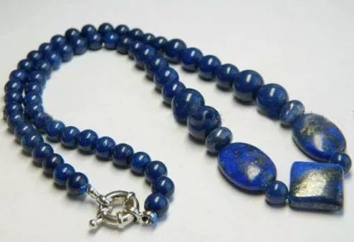 Real Natural Dark Blue Egyptian Lapis Lazuli Gemstone Beads Pendant Necklace 18"
