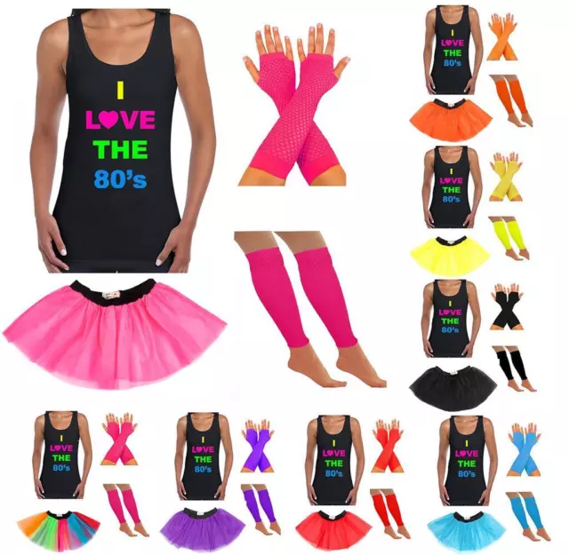 Ladies 80S Fancy Dress Vest Tutu Skirt Gloves Neon Party Fancy Dress Hen Party