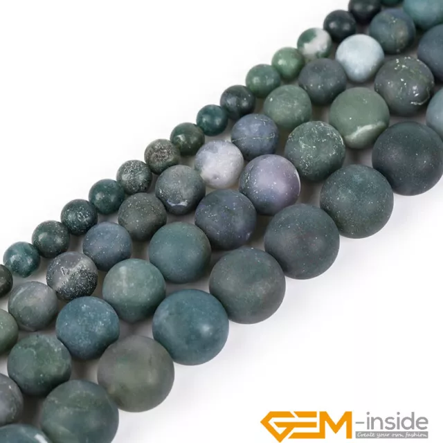 Natural Green Moss Agate Stone Semi Precious Frosted Matte Round Loose Beads 15"