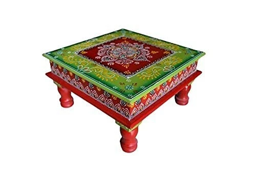 Hand Painted Square Shape Wood Chowki Bajot Stool - Multicolor