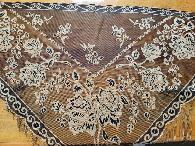 Vintage Black Gold Floral Rose Lace Shawl 75x36 with added 8" Fringe
