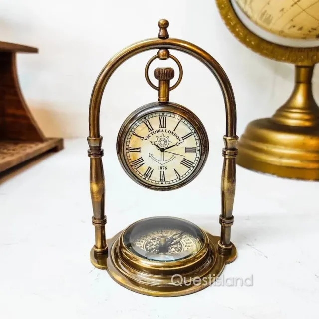 Desk Clock Nautical Brass Table Desk Clock With Direction Compass Base Maritime