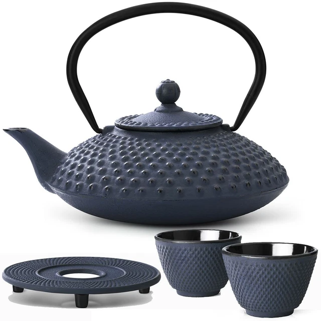 Asia Tee Set Gusseisen asiatisch Teekanne Teesieb Becher Untersetzer 1,25 L blau