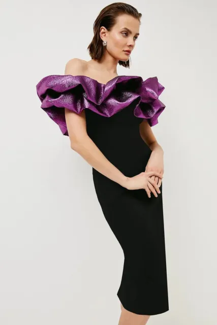NWT Karen Millen Jacquard Contrast Ruffle Off The Shoulder Midi Dress size US 10