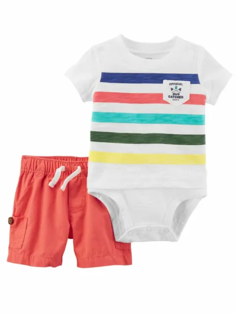 Carters Infant Boys 2 Piece Striped Bug Catcher Bodysuit Shirt & Shorts Set 12m