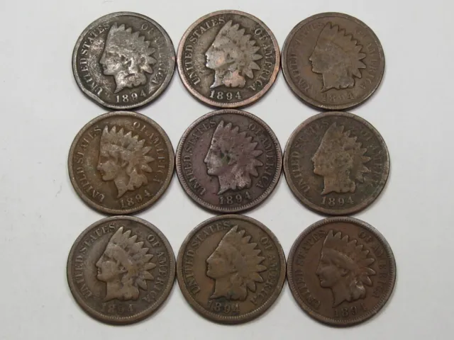 9 Better-Date 1894 US Indian Head Pennies. #158
