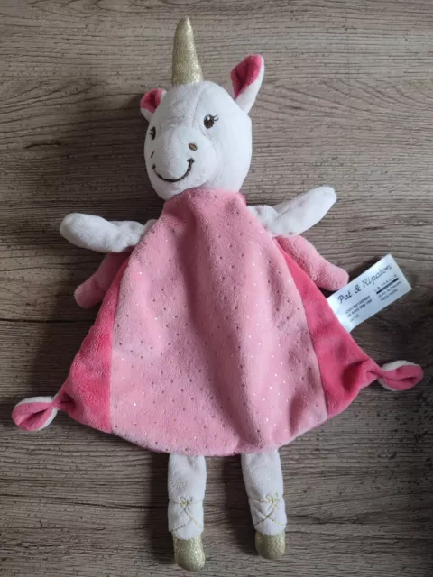 Doudou Plat licorne blanc rose dore pat et ripaton