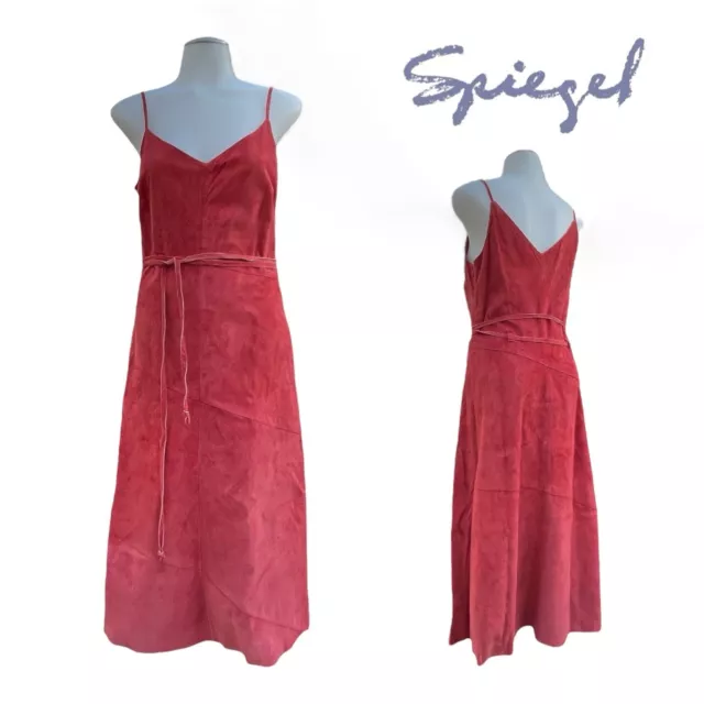 Vintage 90s SPIEGEL Womens 6 Suede Leather Dress Midi Spaghetti Strap Boho Flowy