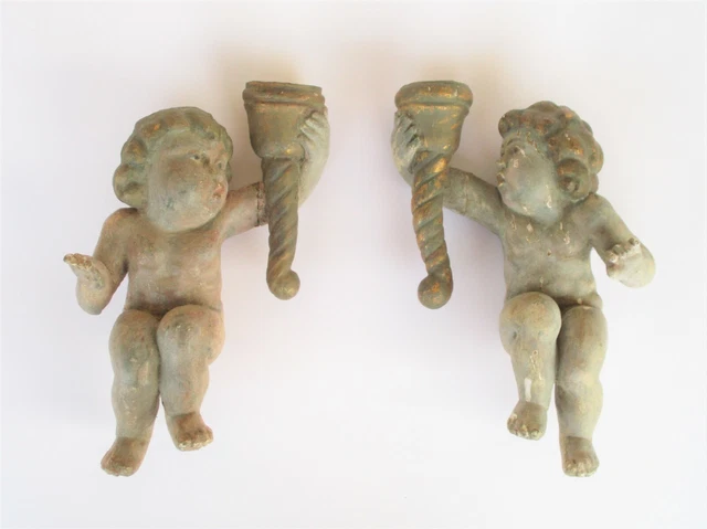 Antique 17th/18th century pair of Cherubim Cherubs Angels wooden candle holders