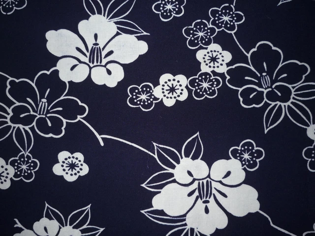 Vintage Indigo Blue/Wte Flower Japanese Yukata Cotton Fabric 14.5"X40"