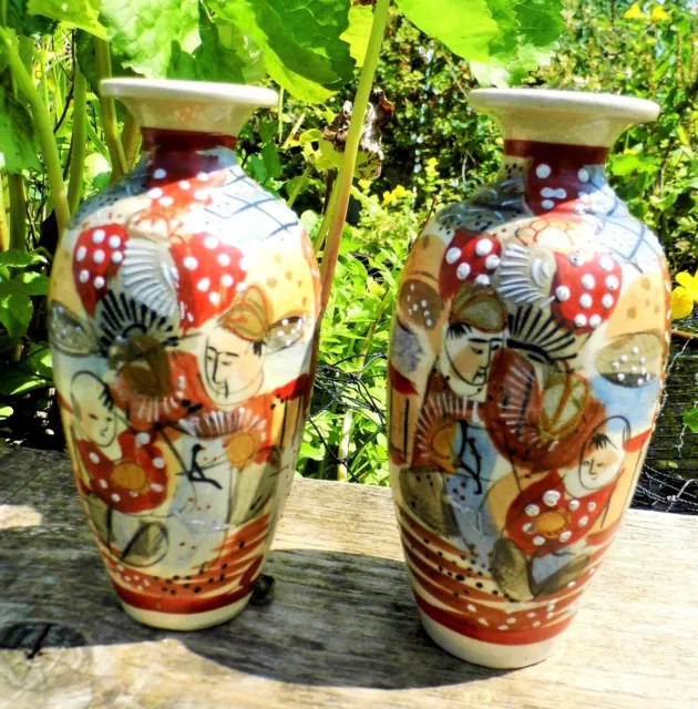 Satsuma vases antique Japanese with Moriage decoration  PAIR late 19th century