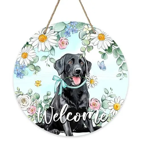Welcome Spring Summer Labrador Dog Front Door Sign, Black Puppy Daisy Flower