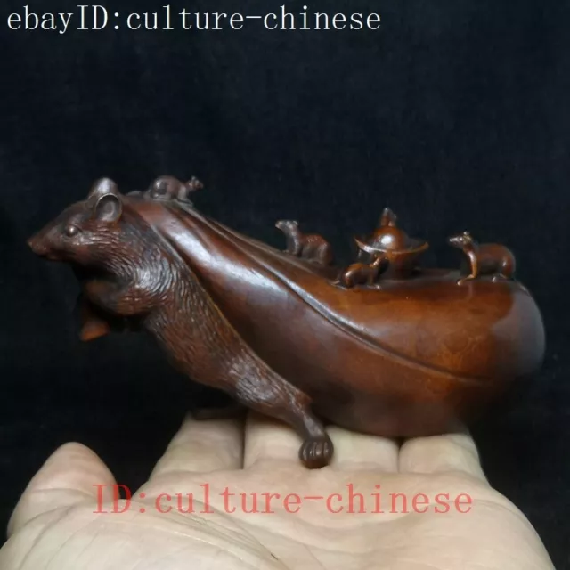L 12 CM Old Chinese boxwood hand carved wealth bag mouse Statue decoration Gift