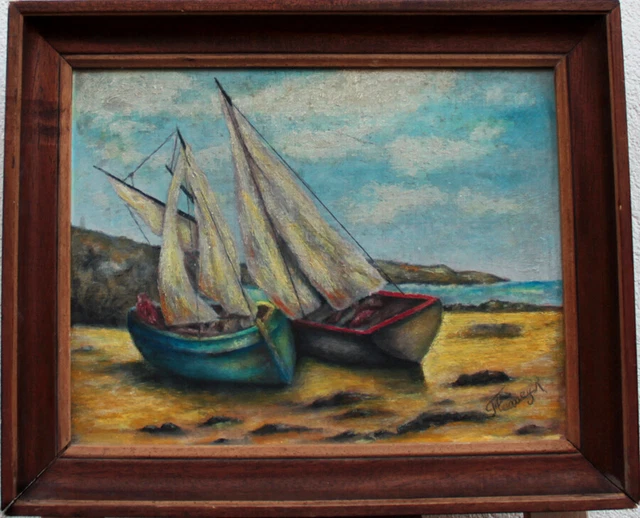 Tableau Ancien Signé Hercourt - Marine à La Barque Et Voiliers - Cadre Sculpté