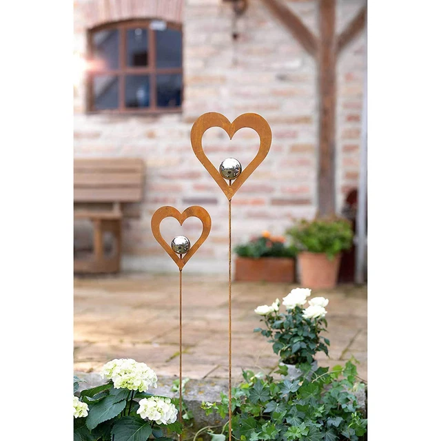 GARTENSTECKER HERZ 2 x Gartenstab Rost Silberkugel Metallstecker Garten