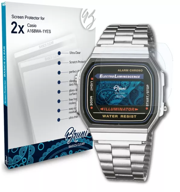 Bruni 2x Folie für Casio A168WA-1YES Schutzfolie Displayschutzfolie