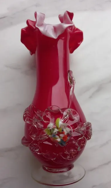 Vintage Murano-Style  Glass Vase,  Red With Ruffle Top & Decorative Flowers