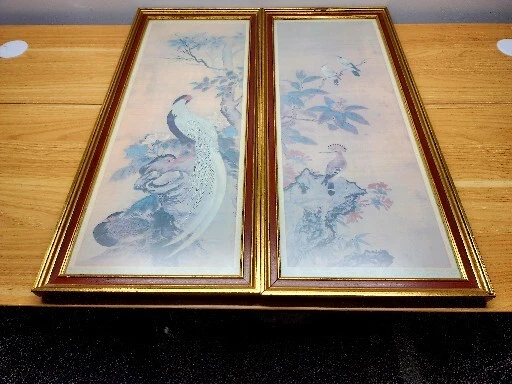 Pair of Vintage Mid 20th Century Japanese Framed Scroll Bird & Flower Prints