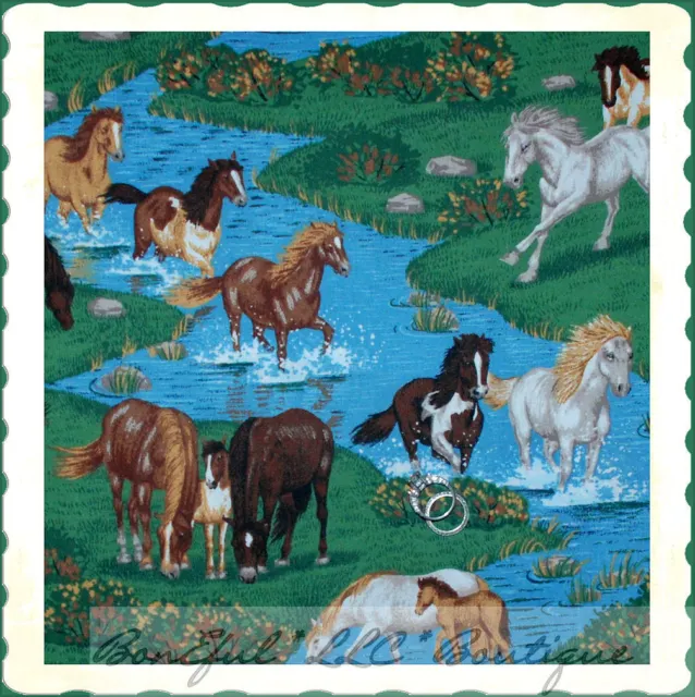 BonEful Fabric FQ Cotton Quilt VTG Green Grass Scenic Wild Horse Equestrian Farm