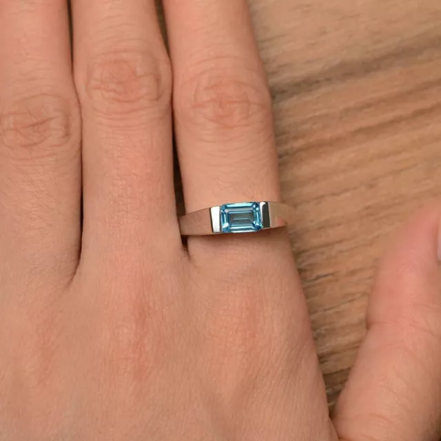 Smaragd Blau Aquamarine Diamant Solitär Unisex Verlobungsring Weißgold-Finish 3