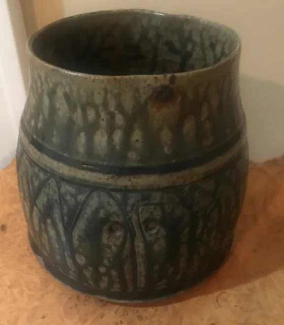 Mid Century Modern Estate Signed Green Drip Glaze Studio Art Pottery Vase Jar