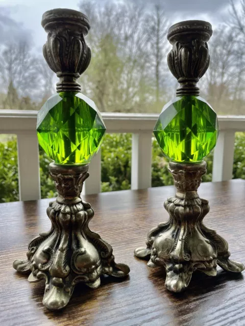 2 Vintage Hollywood Regency Green Lucite & Metal Candlesticks Candle Holders