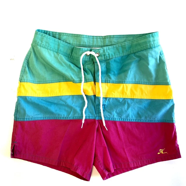 Vtg 80's Hobie Men's RAINBOW Stripe Swim Trunks SURF Board Shorts 32