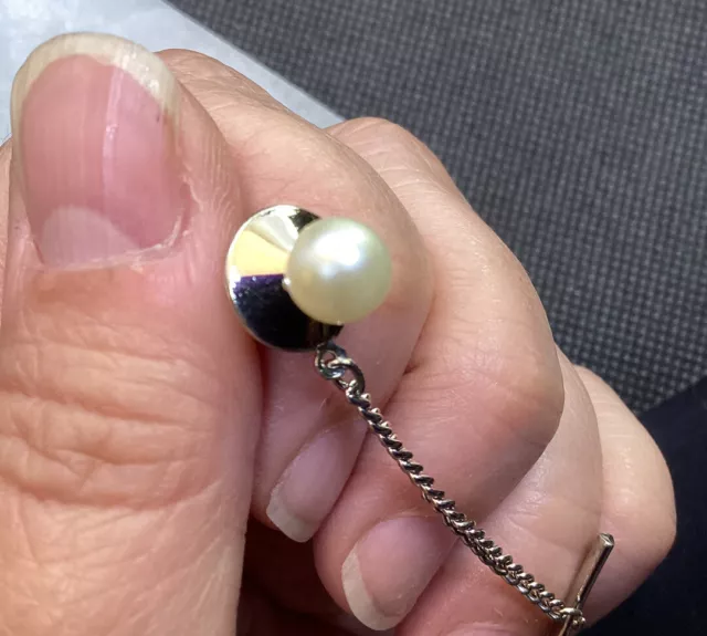 Vintage Faux 7mm Pearl Tie Tack Pin With Chain Silver Tone