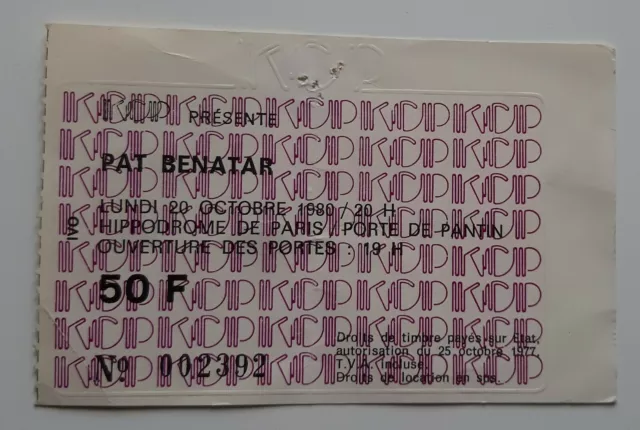 ticket billet used stub place concert PAT BENATAR 1980 PARIS