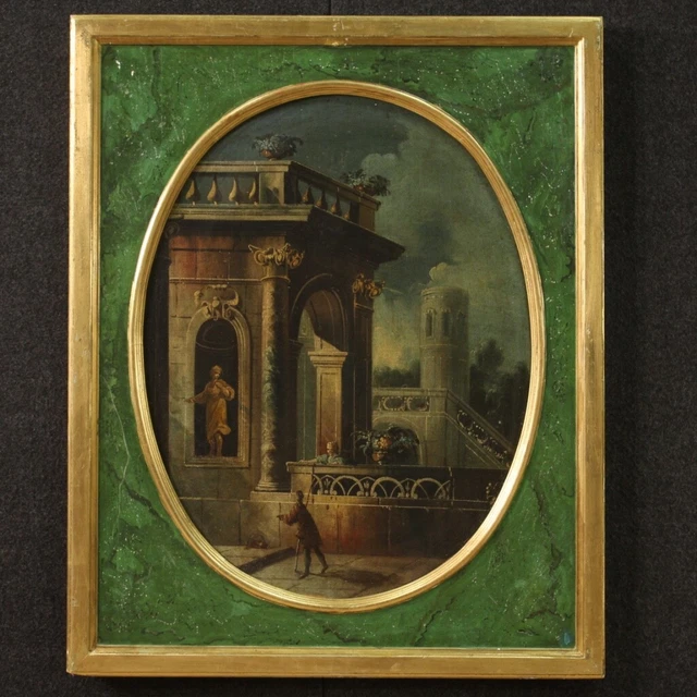 Capriccio antico dipinto ovale paesaggio XVIII secolo 700 quadro olio su tela