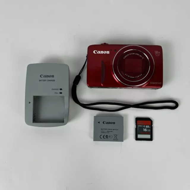 Canon PowerShot SX600 HS Digital Camera Red Charger, Battery & SD Card