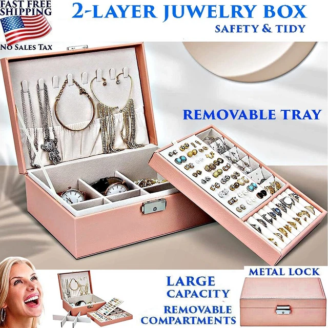 Jewelry Organizer Box Lockable Drawer Double Layer Rings Earrings Necklaces Pink