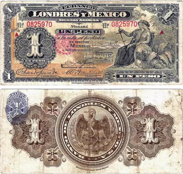 Mexico, 1 Peso, Banco de Londres y Mexico, Series A, 2-14-1914,S/N 0825970,S-240