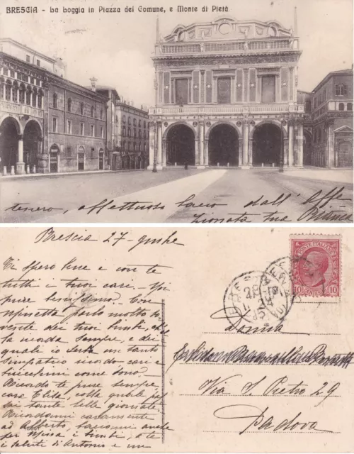 cartolina Brescia la Loggia in Piazza del Comune e Monte di Pietà viaggiata 1915