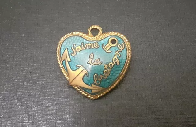 Broche souvenir Bretagne coeur ancre marine doré émaillé bleu émaux vintage XX