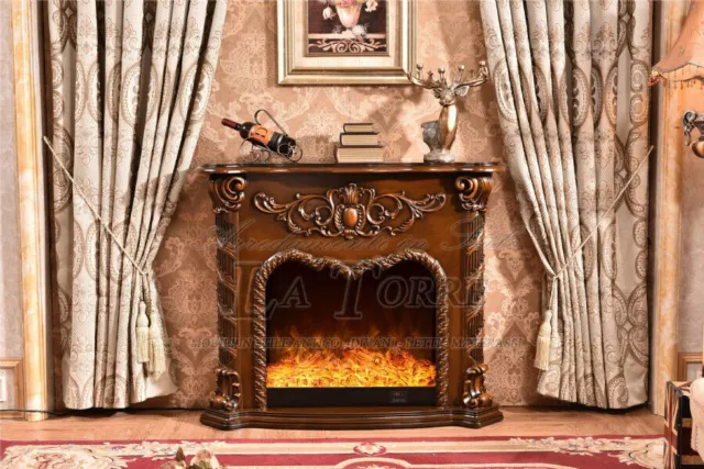 Camino elettrico Kamin fireplace legno massello Barocco Inglese noce 338