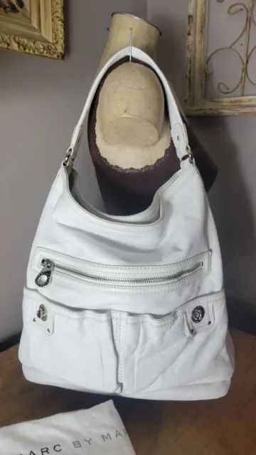 Auth Marc Jacobs Heavy Leather White Hobo Bag Slouchy Dust Bag Big Handbag $448