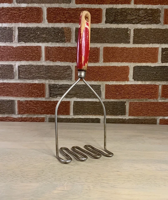 Vintage Kitchen Potato Masher Red Wooden Handled Utensil Mid-Century