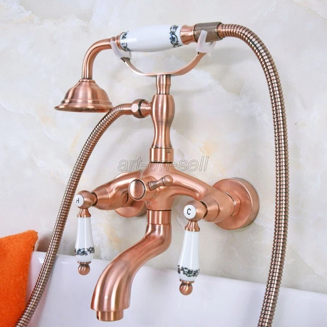 Antique Red Copper Wall Mount Bathroom Bathtub Clawfoot Faucet w/ Hand Shower
