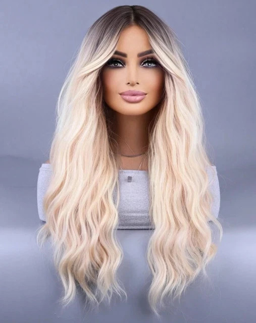 Perruque Synthétique Longue Bouclée Blond Foncé - Avec Frange Et Bonnet - Taille Moyenne