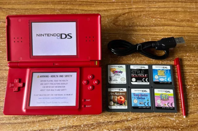 Nintendo DS Red Handheld Console Bundle +6 Games & Charger